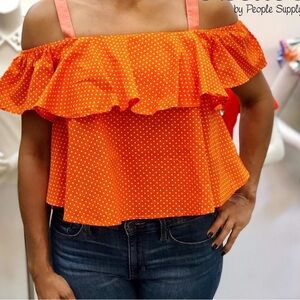 NEW DAVI & DANI Polka Dot Ruffle Crop Top with Adjustable Straps in Orange MED